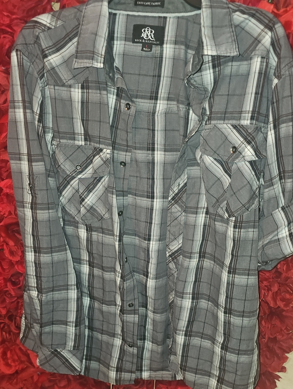 Rock & Republic Men's Gray Plaid Long-Sleeve Button-Up Adj. Sleeve Shirt Large